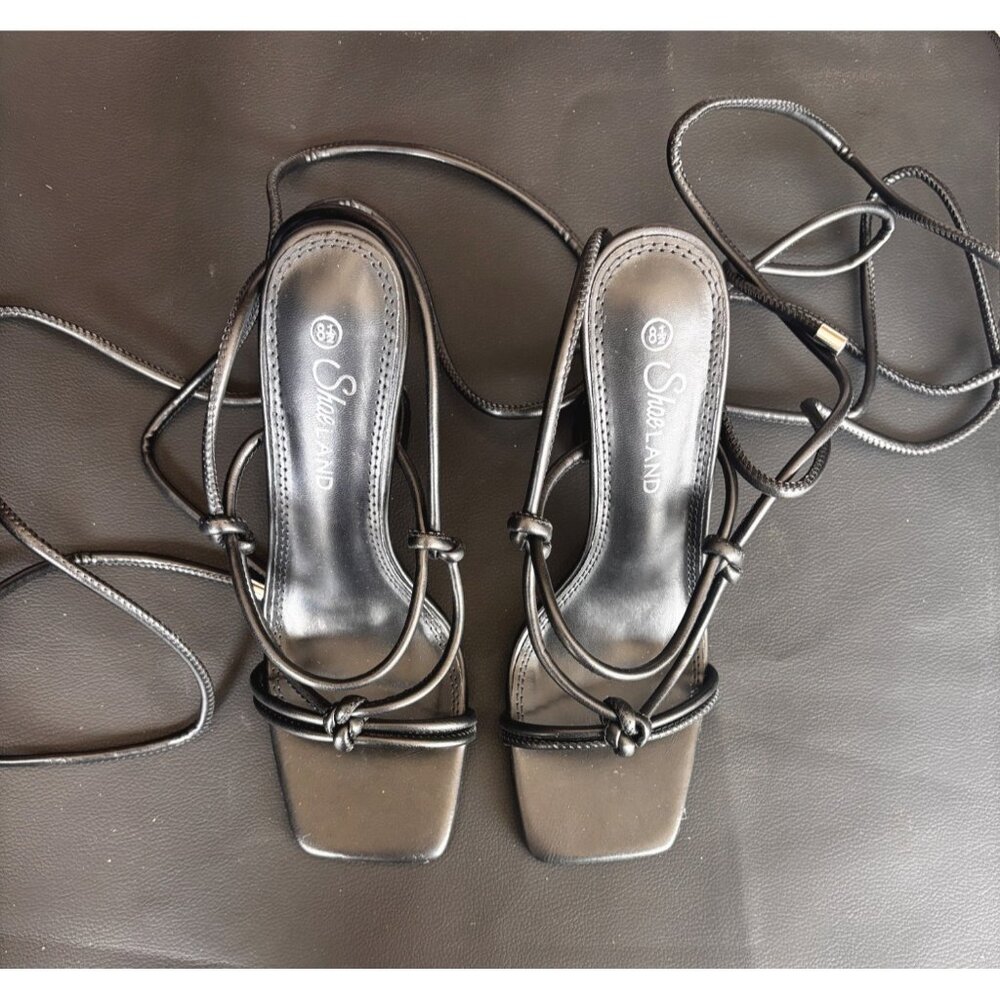 Shoe Land Black Strappy Lace-Up Heeled Sandals Size 8.5 Womens Square Toe Minima - Picture 3 of 6